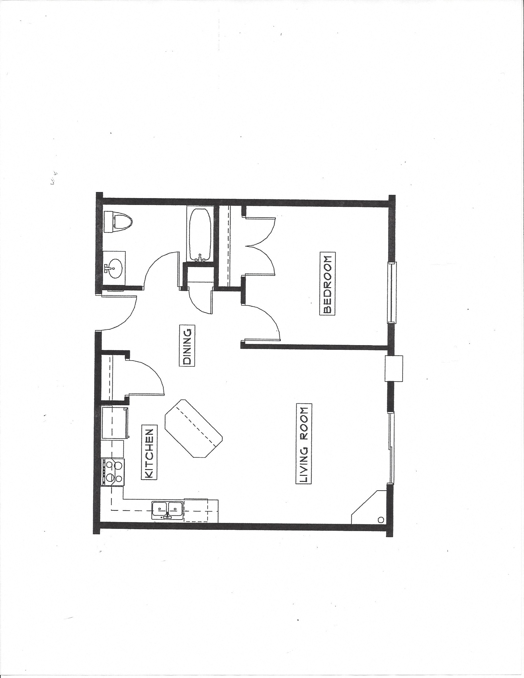Floor plan for 1 bed, 1 bath, 927 sqft